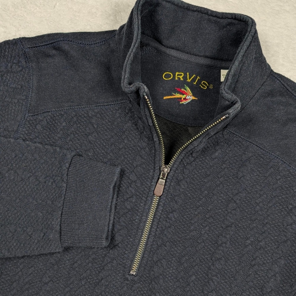 Orvis Sweater Mens Large Blue 1/4 Zip Mock Neck‎ Pullover Elbow Patch Fisherman
